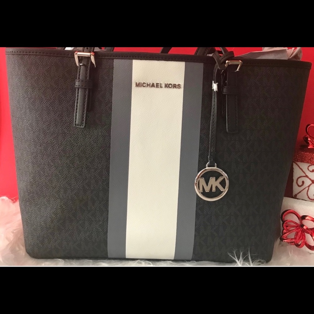 MICHAEL KORS TOTE BLACK SIGNATURE CENTER STRIPE